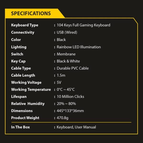 Ant Esports MK1400 Pro Backlit Membrane Wired Gaming Keyboard with Mixed Colour Lighting, White & Black Keycaps, Double Injection Key Caps - Black - Image 8