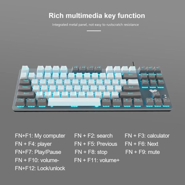 AULA F3287 Rainbow Backlight TKL Tenkeyless Mechanical Wired USB Gaming Keyboard | 8 Different Pre-Set Game Modes Without Numlock Keys (Grey, White) - Image 6