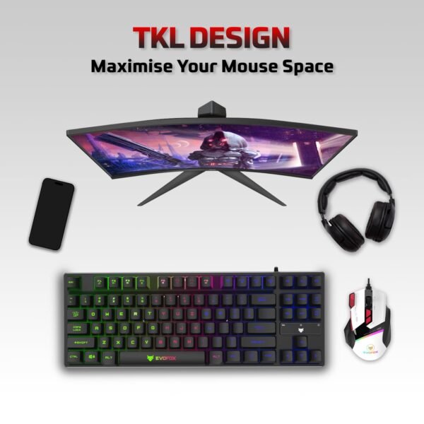 EvoFox Fireblade TKL Semi-Mechanical Gaming Keyboard with Rainbow Backlit& Breathing Effect, Floating Keycaps, 19 Anti-Ghosting & 12 Multimedia Keys, Windows Lock Key, Braided Cable (Black) - Image 3