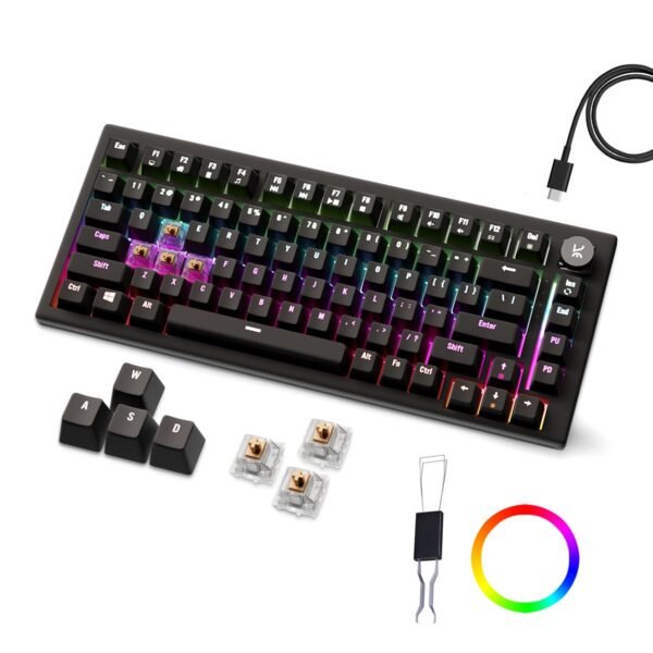 Kreo Hive RGB Anti-ghosting Gaming Keyboard, 75% Tenkeyless Wired Mechanical Keyboard with RGB Backlight, Volume Knob, NKRO, PC Gaming Keyboard Detachable USB C Cable (All Black, Brown Switch)