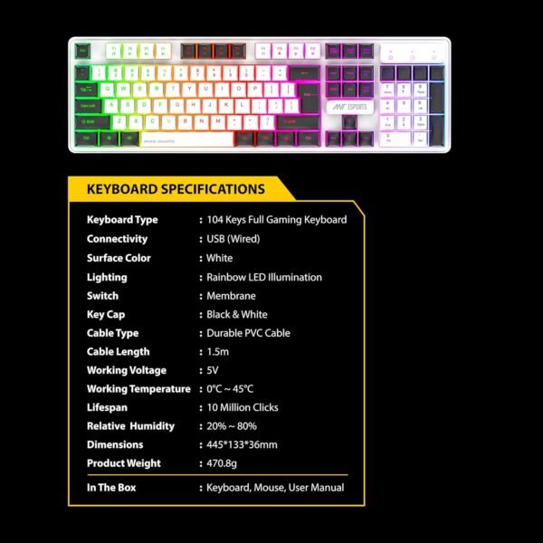 Ant Esports KM1610 LED Keyboard and Mouse Combo, 104 Keys Rainbow Backlit Keyboard and 7 Colour RGB Mouse, White Gaming Keyboard and Mouse Combo for PC Laptop Xbox PS4 Gamers and Work - Image 6