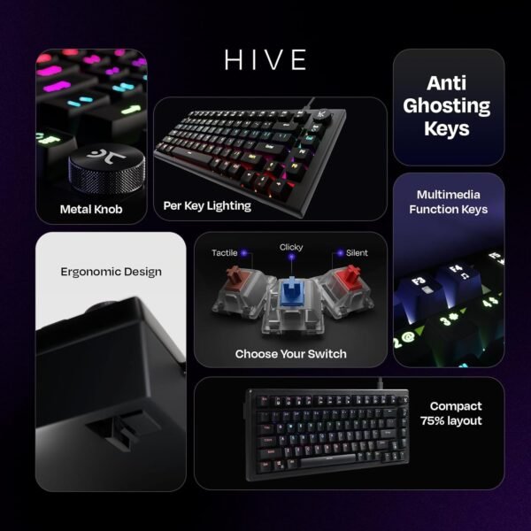 Kreo Hive RGB Anti-ghosting Gaming Keyboard, 75% Tenkeyless Wired Mechanical Keyboard with RGB Backlight, Volume Knob, NKRO, PC Gaming Keyboard Detachable USB C Cable (All Black, Brown Switch) - Image 2