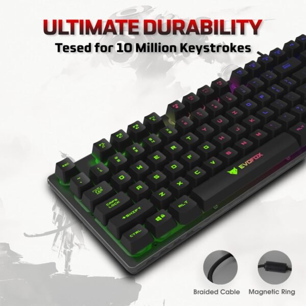 EvoFox Fireblade TKL Semi-Mechanical Gaming Keyboard with Rainbow Backlit& Breathing Effect, Floating Keycaps, 19 Anti-Ghosting & 12 Multimedia Keys, Windows Lock Key, Braided Cable (Black) - Image 5