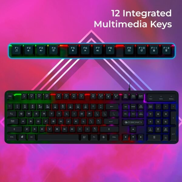 ZEBRONICS Transformer K1 Premium Gaming Keyboard with 104 Keys, 1.7m Cable, Laser Keycaps, Multi Color LED Modes, Integrated Multimedia Keys, All Keys Enable/Disable Function - Image 2