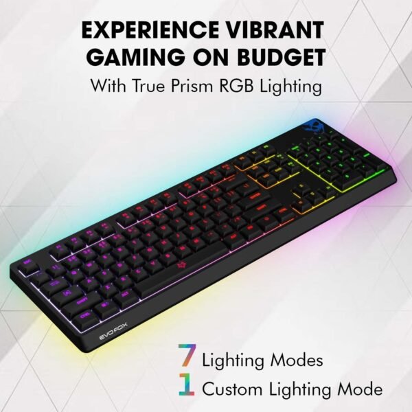 EvoFox Deathray RGB Gaming Keyboard | 16 Million True Prism Colors | 7 Backlight Effects and 1 Custom Effect | Silent Membrane Keys | 19 Anti Ghosting and Windows Lock Key | Braided Cable | (Black) - Image 2