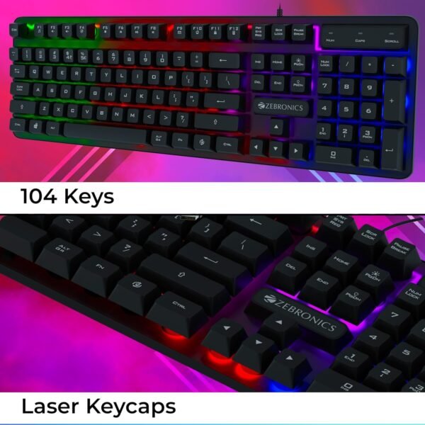 ZEBRONICS Transformer K1 Premium Gaming Keyboard with 104 Keys, 1.7m Cable, Laser Keycaps, Multi Color LED Modes, Integrated Multimedia Keys, All Keys Enable/Disable Function - Image 6