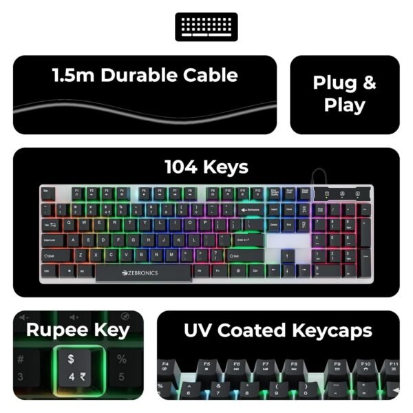 ZEBRONICS Trion USB Gaming Keyboard & Mouse Gaming Combo, 104 Keys Backlit, Translucent Material, Multi Color LED, Multi DPI Modes, High Precision Key - Image 6