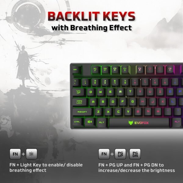 EvoFox Fireblade TKL Semi-Mechanical Gaming Keyboard with Rainbow Backlit& Breathing Effect, Floating Keycaps, 19 Anti-Ghosting & 12 Multimedia Keys, Windows Lock Key, Braided Cable (Black) - Image 4