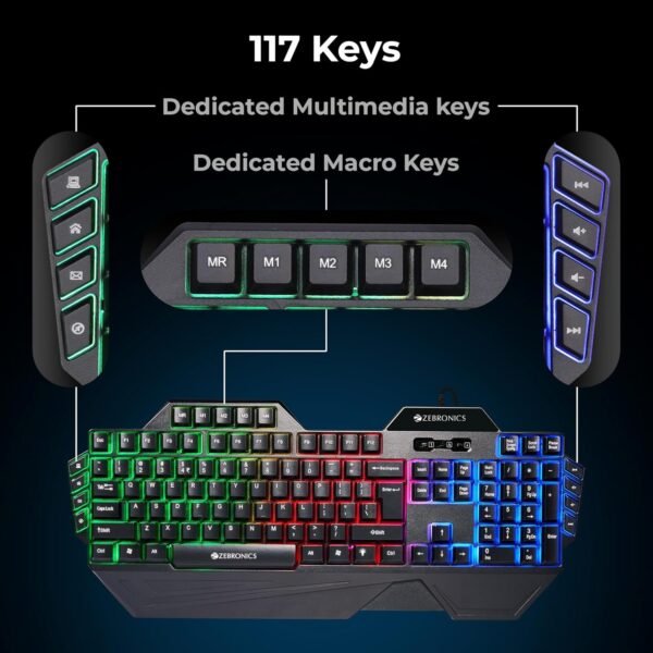 ZEBRONICS Optimus Gaming Keyboard & Mouse Combo, Braided Cable, Gold Plated USB, Upto 3600 DPI, 6 Buttons, High Resolution Sensor, Multicolor LED, Dedicated Macro Keys, 117 Keys (Black) - Image 6