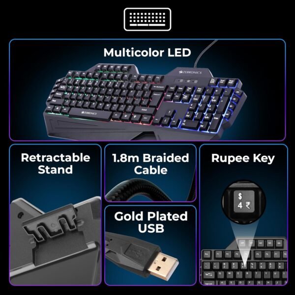 ZEBRONICS Optimus Gaming Keyboard & Mouse Combo, Braided Cable, Gold Plated USB, Upto 3600 DPI, 6 Buttons, High Resolution Sensor, Multicolor LED, Dedicated Macro Keys, 117 Keys (Black) - Image 4