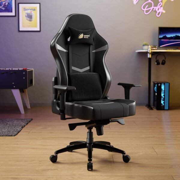 Green Soul Monster Ultimate Series T | Multi-Functional Ergonomic Gaming & Office Chair | Premium Spandex & PU Leather Fabric | Adjustable Neck, Lumbar Pillow | 4D Adjustable Armrests (Black Grey)