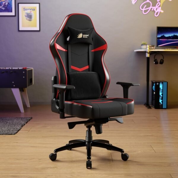 Green Soul Monster Ultimate Series T | Multi-Functional Ergonomic Gaming & Office Chair | Premium Spandex & PU Leather Fabric | Adjustable Neck, Lumbar Pillow | 4D Adjustable Armrests (Black Red)