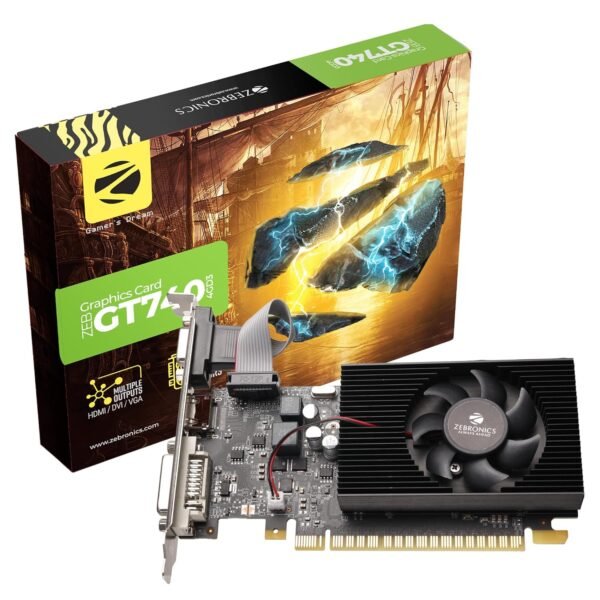 ZEBRONICS GT740-4GD3 Graphics Card, Powered by NVIDIA, 4GB GDDR3, 128-bit, PCIe3.0, Upto 2560 x 1440 @60Hz, Multiple Outputs - HDMI | DVI | VGA, PhysX Support, Heatsink with Fan, High Efficiency