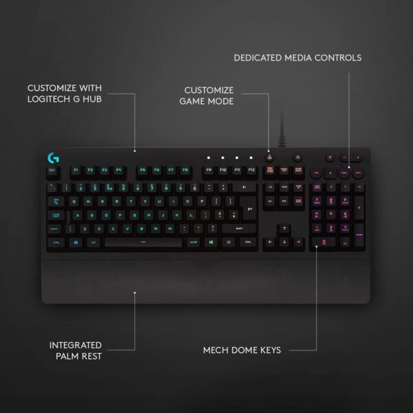 Logitech G213 Prodigy USB Gaming Keyboard, LIGHTSYNC RGB Backlit Keys, Spill-Resistant, Customizable Keys, Dedicated Multi-Media Keys - Black - Image 6