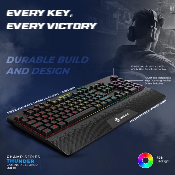 LAPCARE Thunder USB Gaming Keyboard, LIGHTSYNC RGB Backlit Keys, Spill-Resistant, Anti-Ghosting, Customizable Keys, Dedicated Multi-Media Keys - Black (LGK-111) - Image 2