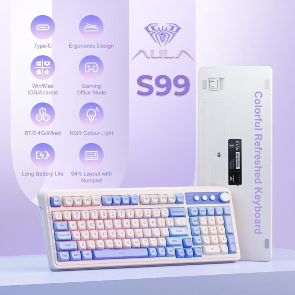 AULA S99 3 in 1 World's First Silicon Membrane Gaming Keyboard | Bluetooth/2.4GHz/USB-C Balls Keycap Keybaord with Knob | Programmable RGB Backlit Gaming Keyboard for PC/Xbox/PS5 (Purple) - Image 2