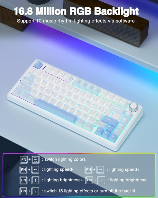 AULA F75 75% Wireless Mechanical Keyboard | Hot Swappable | Pre-lubed Linear Switches | RGB Backlit | 2.4GHz/Type-C/Bluetooth Gaming Keyboard (Sea Blue, Graywood Switch) - Image 4