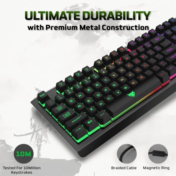 EvoFox Warhammer Full Size Gaming Keyboard with Breathing Effect LED Backlit | Metal Top | Floating Keycaps | 19 Anti Ghosting Keys | Windows Lock Key | Braided Cable | (Black) - Image 3