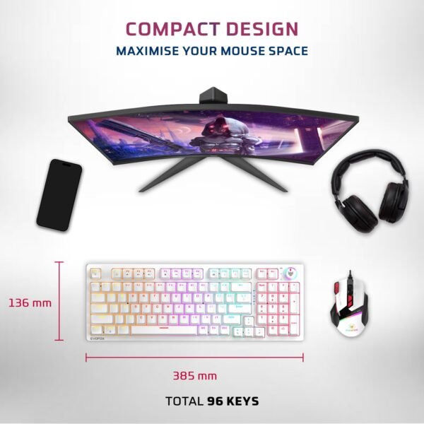 EvoFox Katana X2 Mechanical Gaming Keyboard | 96 Keys Compact Mechanical Keyboard | Outemu Red switches, 13 Effects Rainbow Backlighting, 25 Anti-Ghosting Keys, Multifunction Volume Controller | Wired-White - Image 3