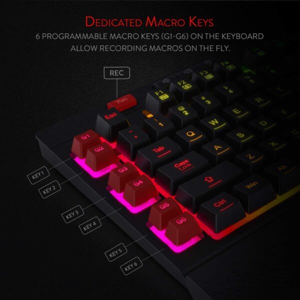 Redragon Shiva K512 RGB Backlit Membrane Wired Gaming Keyboard with Multimedia Keys, 6 Extra On-Board Macro Keys, Dedicated Media Control, Detachable Wrist Rest- Black - Image 3