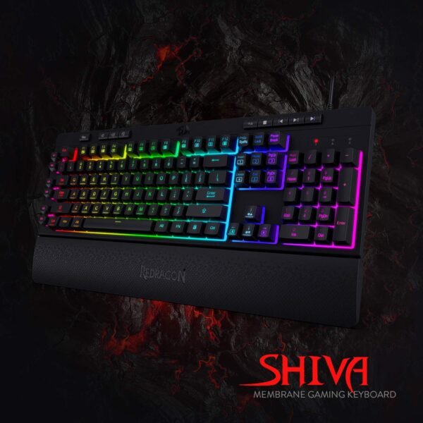 Redragon Shiva K512 RGB Backlit Membrane Wired Gaming Keyboard with Multimedia Keys, 6 Extra On-Board Macro Keys, Dedicated Media Control, Detachable Wrist Rest- Black - Image 2