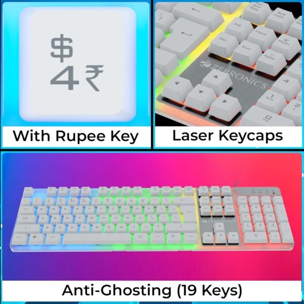 Zebronics War-K Gaming Keyboard with 104 Keys,Multi Color LED,1.8m Braided Cable, Gold Plated USB,Laser Keycaps, Anti-Ghosting 19 Keys,2 Step Stand,12 Integrated Multimedia Keys (White) - Image 6