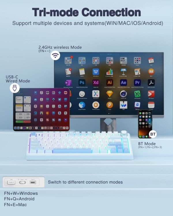 AULA F75 75% Wireless Mechanical Keyboard | Hot Swappable | Pre-lubed Linear Switches | RGB Backlit | 2.4GHz/Type-C/Bluetooth Gaming Keyboard (Sea Blue, Graywood Switch) - Image 3
