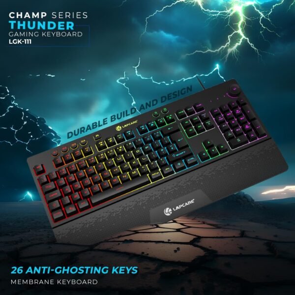 LAPCARE Thunder USB Gaming Keyboard, LIGHTSYNC RGB Backlit Keys, Spill-Resistant, Anti-Ghosting, Customizable Keys, Dedicated Multi-Media Keys - Black (LGK-111) - Image 3