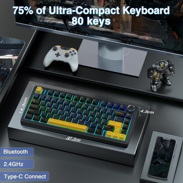 AULA F75 75% Wireless Mechanical Keyboard | Hot Swappable | Pre-lubed Linear Switches | RGB Backlit | 2.4GHz/Type-C/Bluetooth Gaming Keyboard (Thunder Black, Graywood Switch) - Image 2