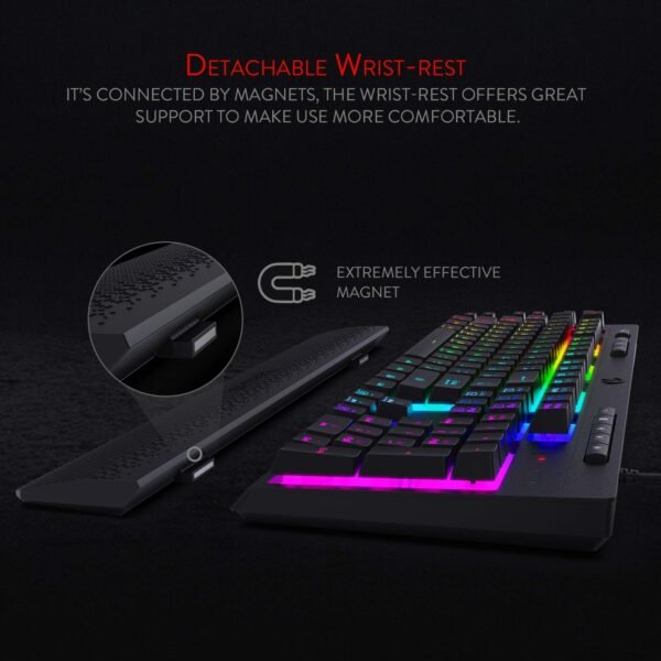 Redragon Shiva K512 RGB Backlit Membrane Wired Gaming Keyboard with Multimedia Keys, 6 Extra On-Board Macro Keys, Dedicated Media Control, Detachable Wrist Rest- Black - Image 4