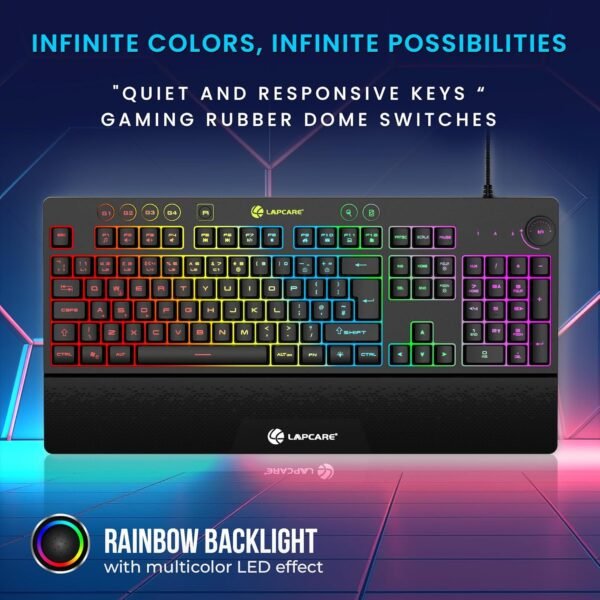 LAPCARE Thunder USB Gaming Keyboard, LIGHTSYNC RGB Backlit Keys, Spill-Resistant, Anti-Ghosting, Customizable Keys, Dedicated Multi-Media Keys - Black (LGK-111) - Image 4