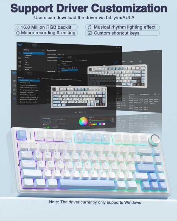 AULA F75 75% Wireless Mechanical Keyboard | Hot Swappable | Pre-lubed Linear Switches | RGB Backlit | 2.4GHz/Type-C/Bluetooth Gaming Keyboard (Sea Blue, Graywood Switch) - Image 7