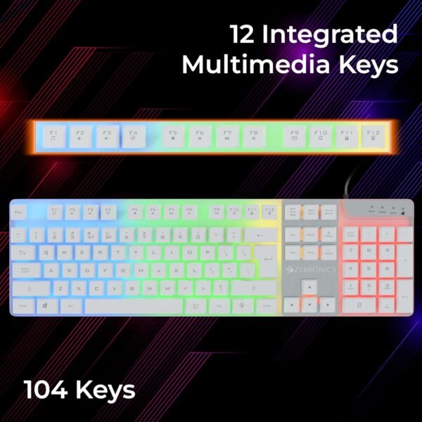 Zebronics War-K Gaming Keyboard with 104 Keys,Multi Color LED,1.8m Braided Cable, Gold Plated USB,Laser Keycaps, Anti-Ghosting 19 Keys,2 Step Stand,12 Integrated Multimedia Keys (White) - Image 2
